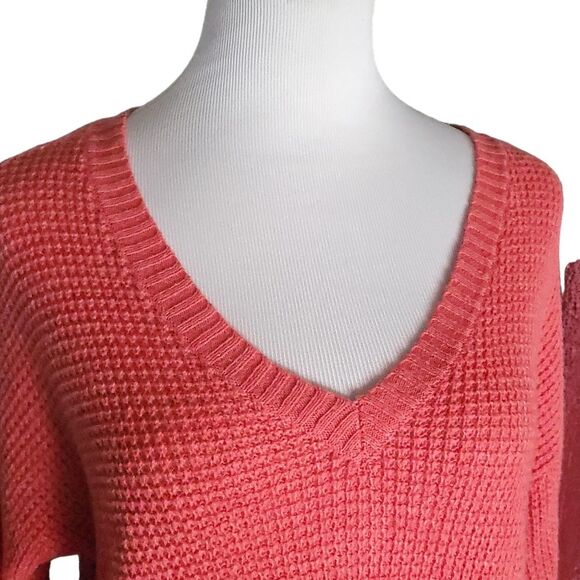 J Jill Sweater Textured Knit Womens Medium Red Coral V-Neck yak wool blend - Picture 4 of 10